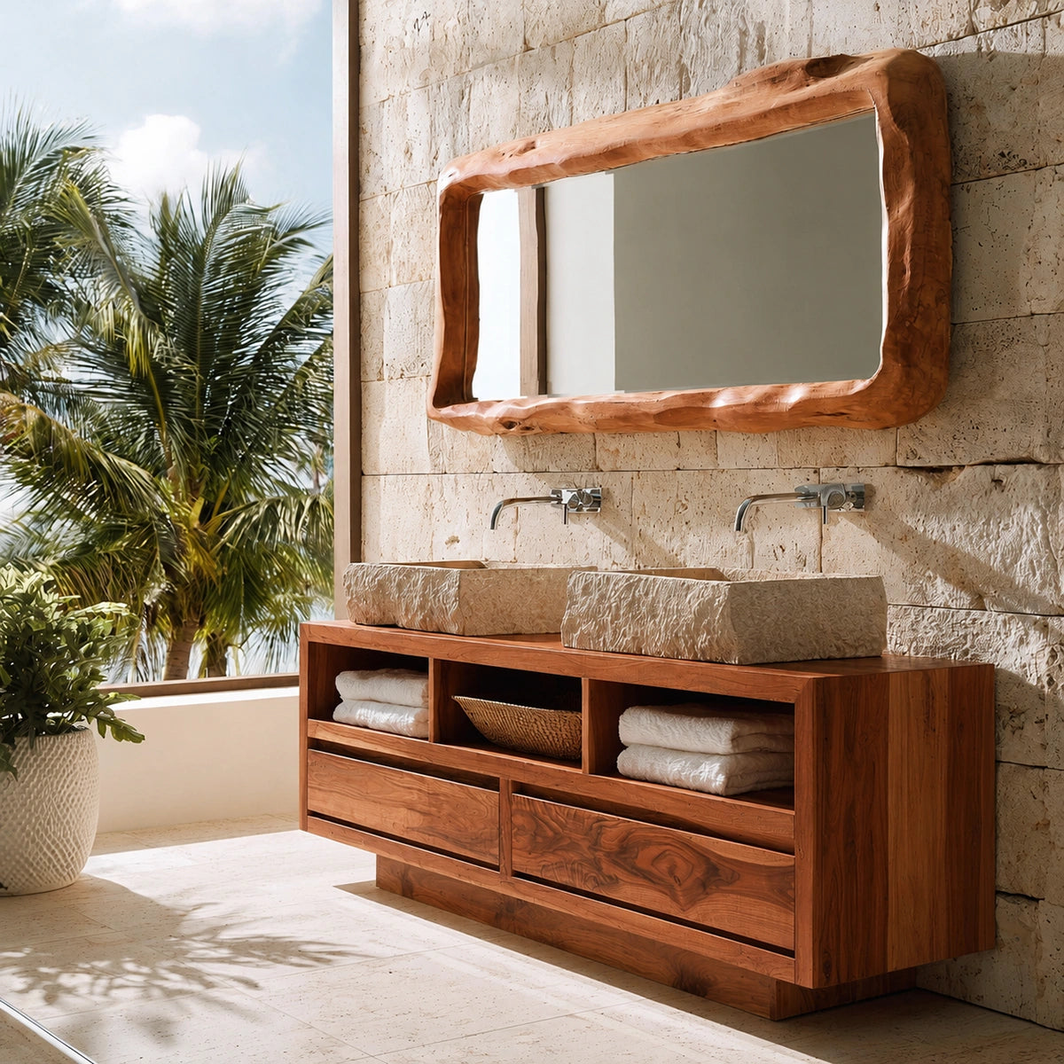 Natural Solid Wood Bathroom Vanity with 2 Drawers and 3 Open Shelves - Livewoodcraft - 2