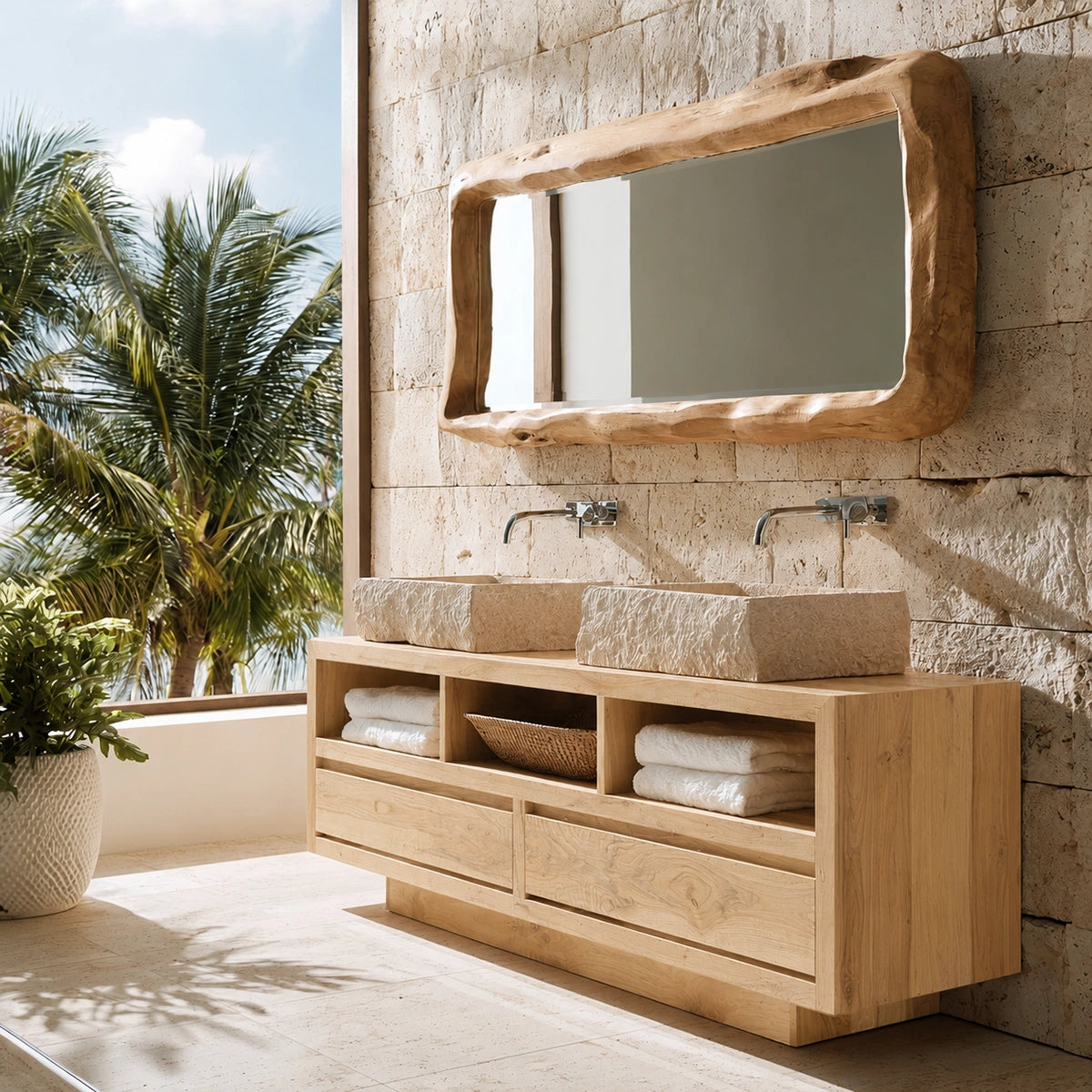 Natural Solid Wood Bathroom Vanity with 2 Drawers and 3 Open Shelves - Livewoodcraft - 3