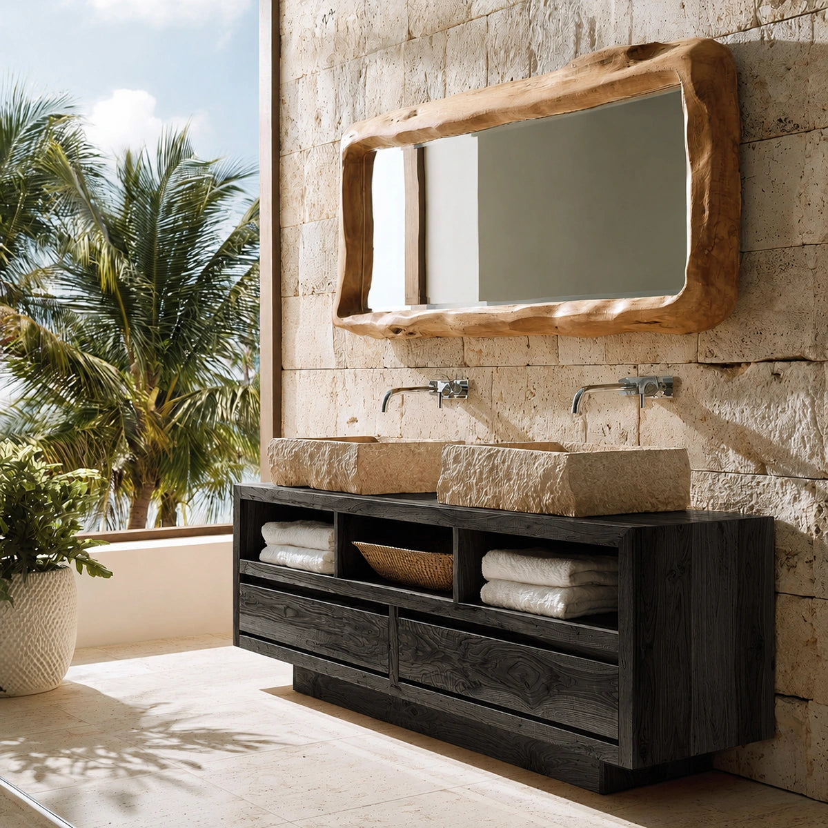 Natural Solid Wood Bathroom Vanity with 2 Drawers and 3 Open Shelves - Livewoodcraft - 4