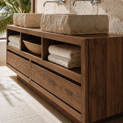 Natural Solid Wood Bathroom Vanity with 2 Drawers and 3 Open Shelves - Livewoodcraft - 5