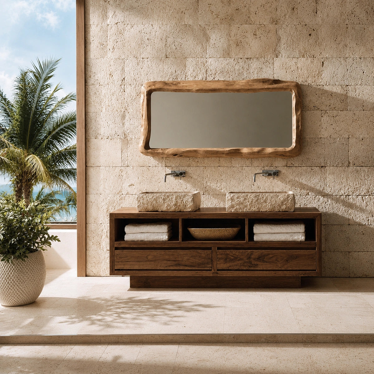 Natural Solid Wood Bathroom Vanity with 2 Drawers and 3 Open Shelves - Livewoodcraft - 6