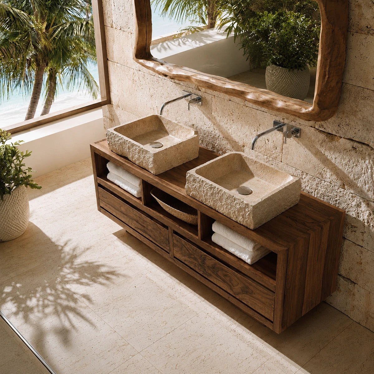 Natural Solid Wood Bathroom Vanity with 2 Drawers and 3 Open Shelves - Livewoodcraft - 7