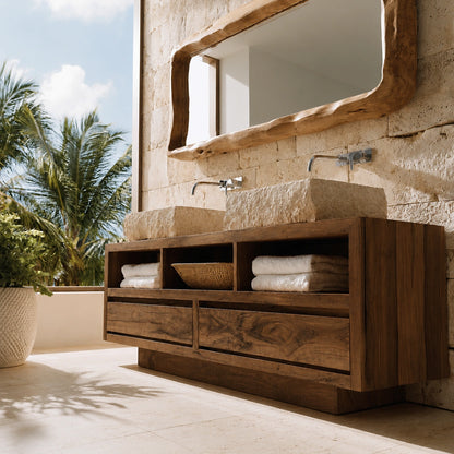 Natural Solid Wood Bathroom Vanity with 2 Drawers and 3 Open Shelves - Livewoodcraft - 8