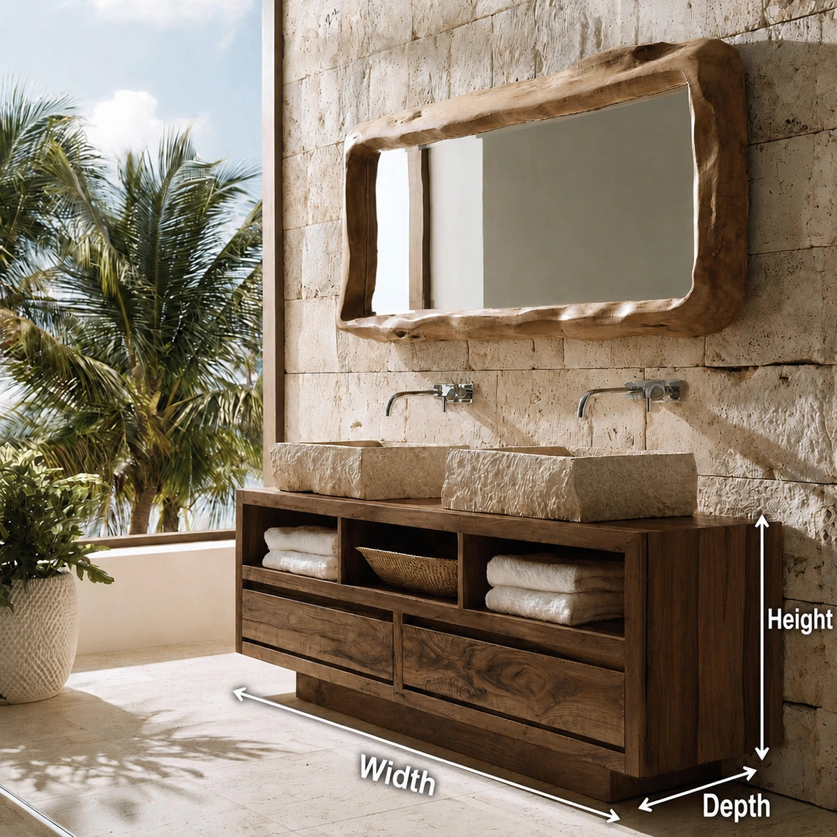 Natural Solid Wood Bathroom Vanity with 2 Drawers and 3 Open Shelves - Livewoodcraft - 9