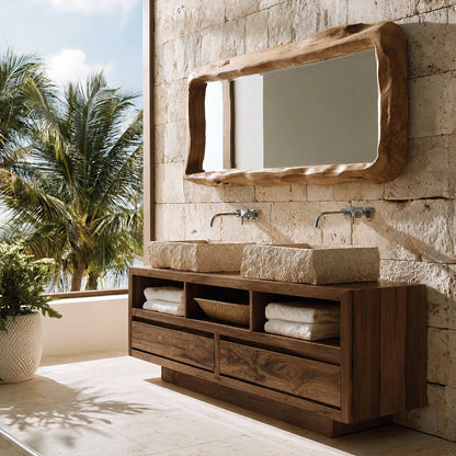 Natural Solid Wood Bathroom Vanity with 2 Drawers and 3 Open Shelves - Livewoodcraft