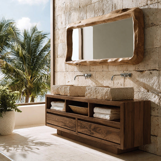 Natural Solid Wood Bathroom Vanity with 2 Drawers and 3 Open Shelves - Livewoodcraft