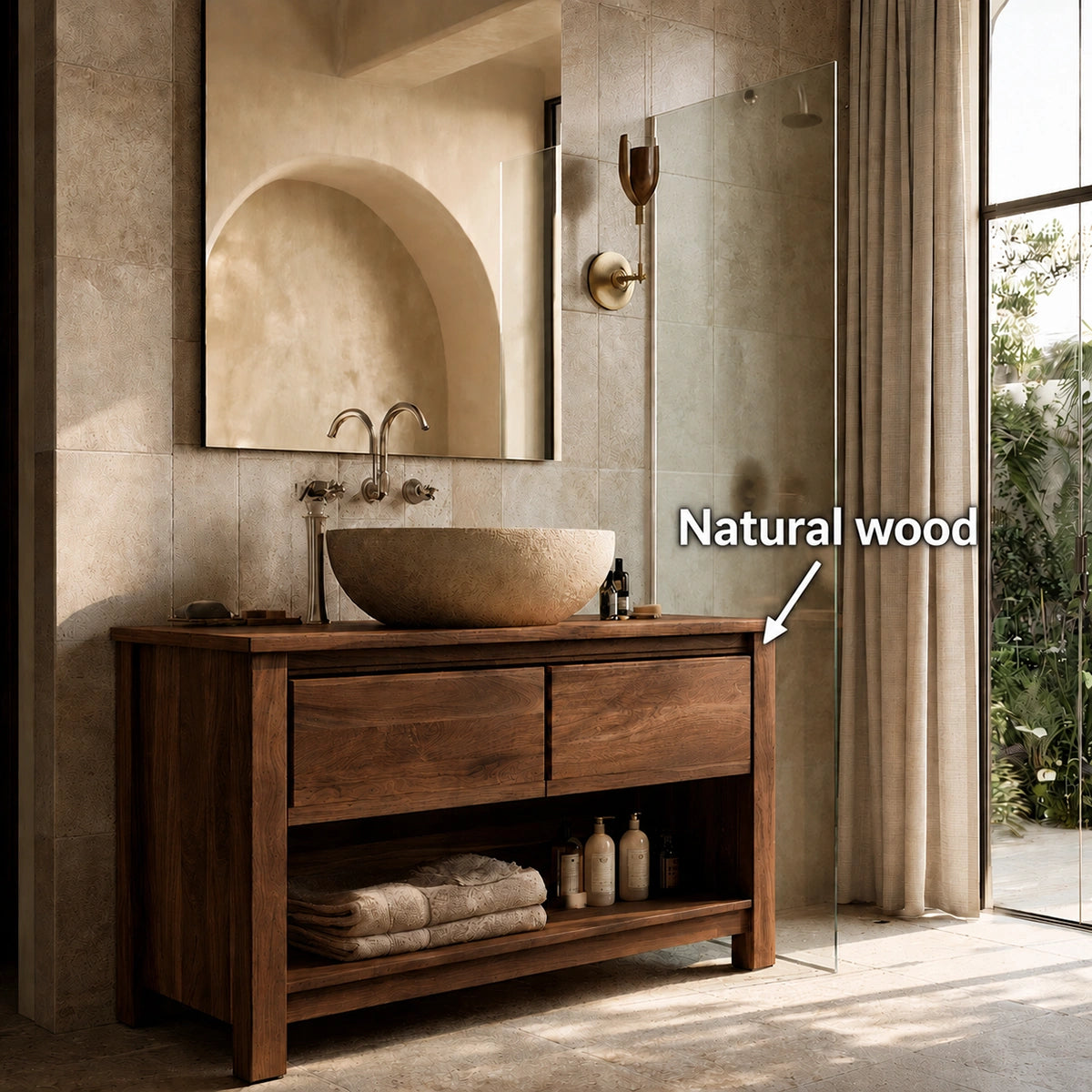 Natural Solid Wood Bathroom Vanity with 2 Drawers and Open Shelf - Livewoodcraft - 10