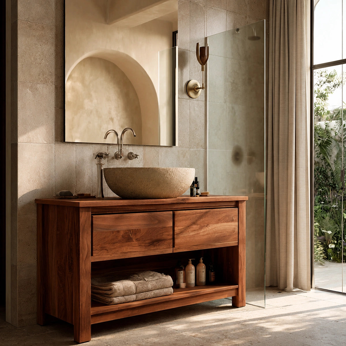 Natural Solid Wood Bathroom Vanity with 2 Drawers and Open Shelf - Livewoodcraft - 2