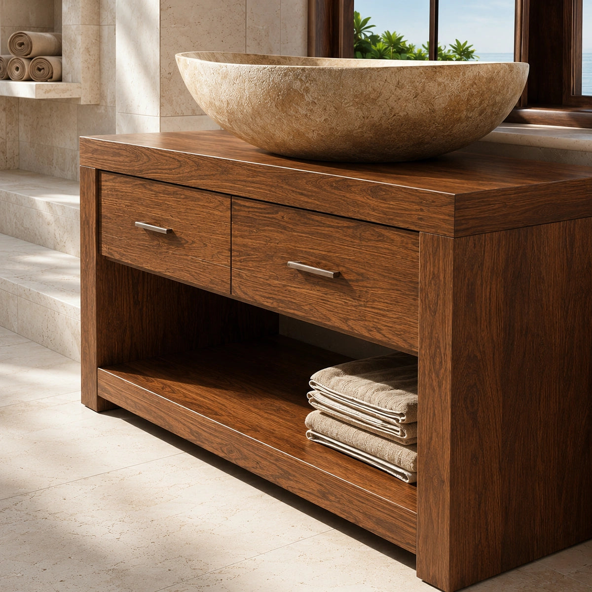 Natural Solid Wood Bathroom Vanity with 2 Drawers and Open Shelf - Livewoodcraft - 2016 - 5