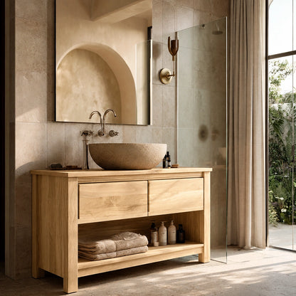 Natural Solid Wood Bathroom Vanity with 2 Drawers and Open Shelf - Livewoodcraft - 3
