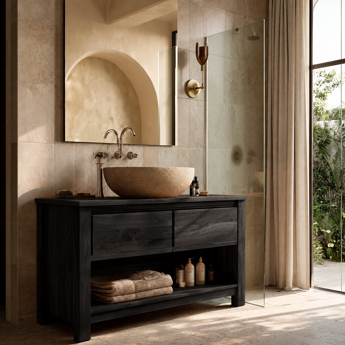 Natural Solid Wood Bathroom Vanity with 2 Drawers and Open Shelf - Livewoodcraft - 4