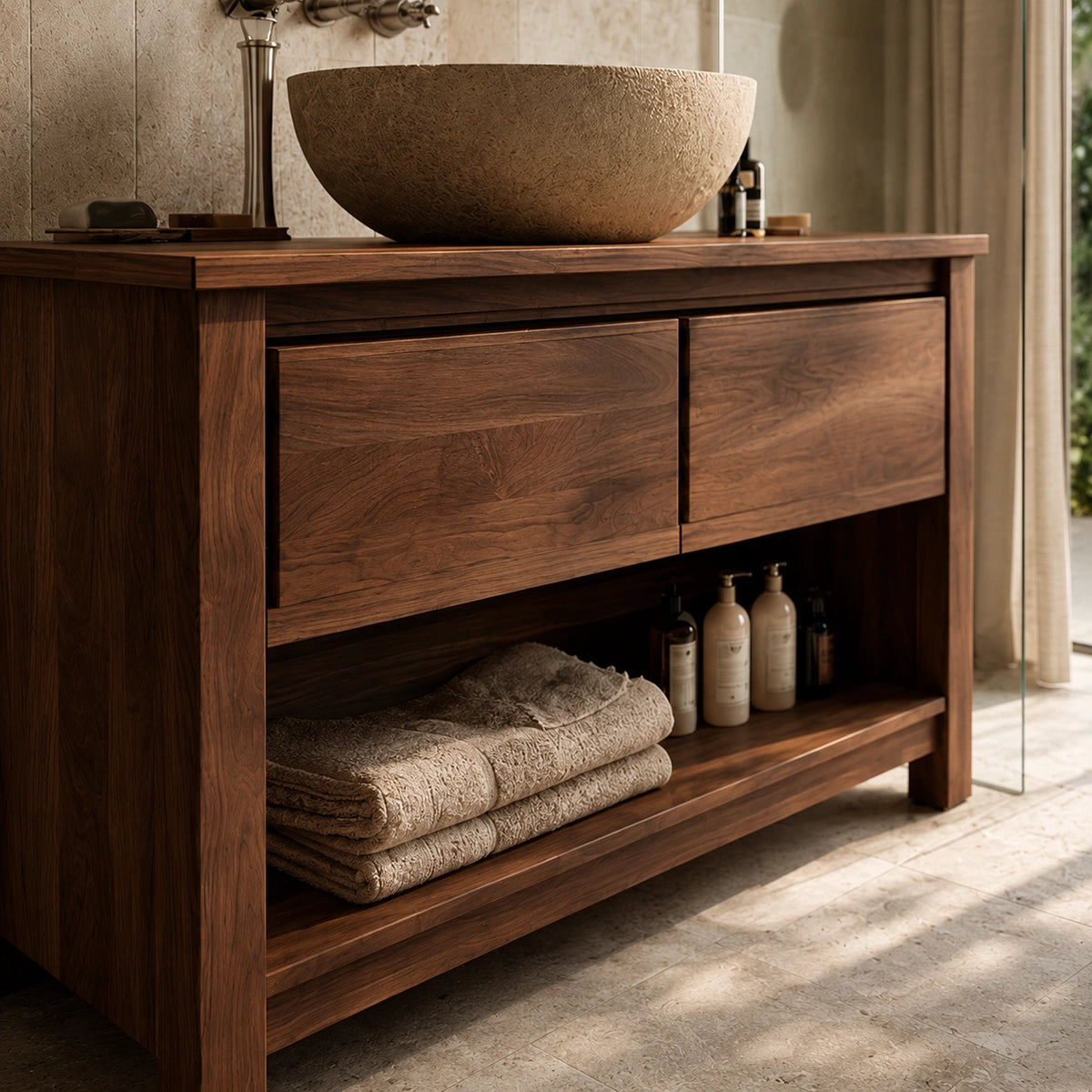 Natural Solid Wood Bathroom Vanity with 2 Drawers and Open Shelf - Livewoodcraft - 5