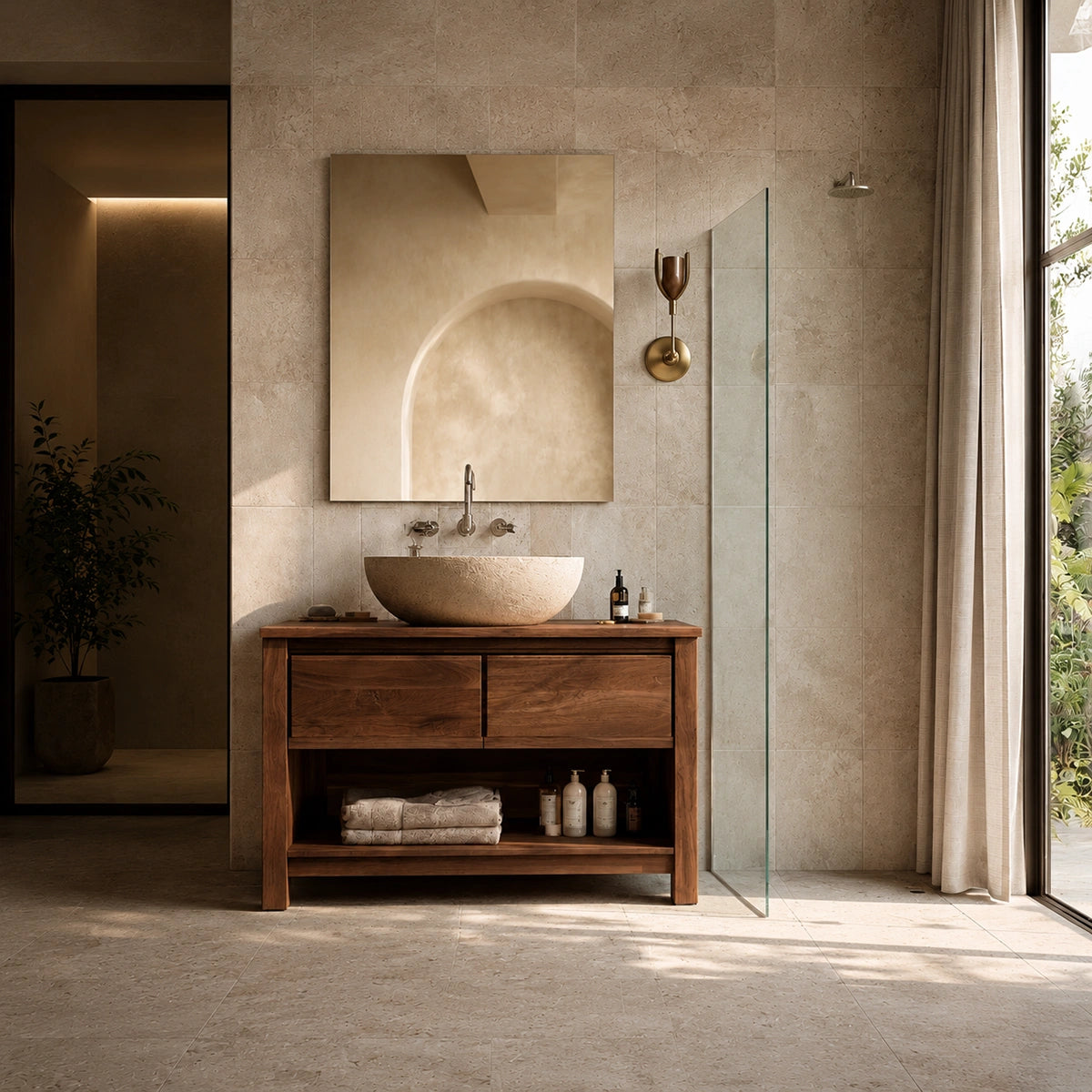 Natural Solid Wood Bathroom Vanity with 2 Drawers and Open Shelf - Livewoodcraft - 6
