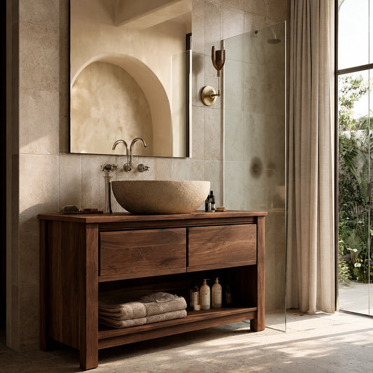 Natural Solid Wood Bathroom Vanity with 2 Drawers and Open Shelf - Livewoodcraft