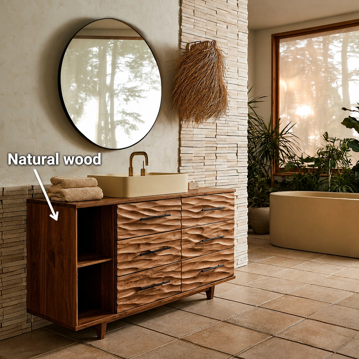 Natural Solid Wood Bathroom Vanity with 6 Drawers and Side Open Shelves - Livewoodcraft - 10