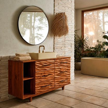 Natural Solid Wood Bathroom Vanity with 6 Drawers and Side Open Shelves - Livewoodcraft - 2