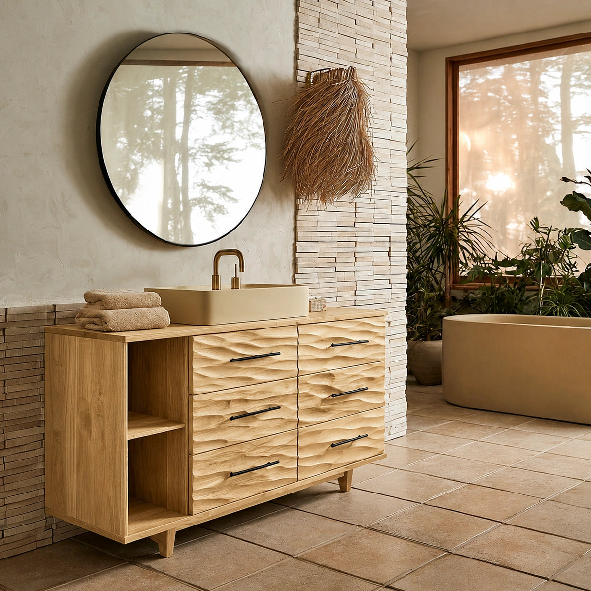 Natural Solid Wood Bathroom Vanity with 6 Drawers and Side Open Shelves - Livewoodcraft - 3