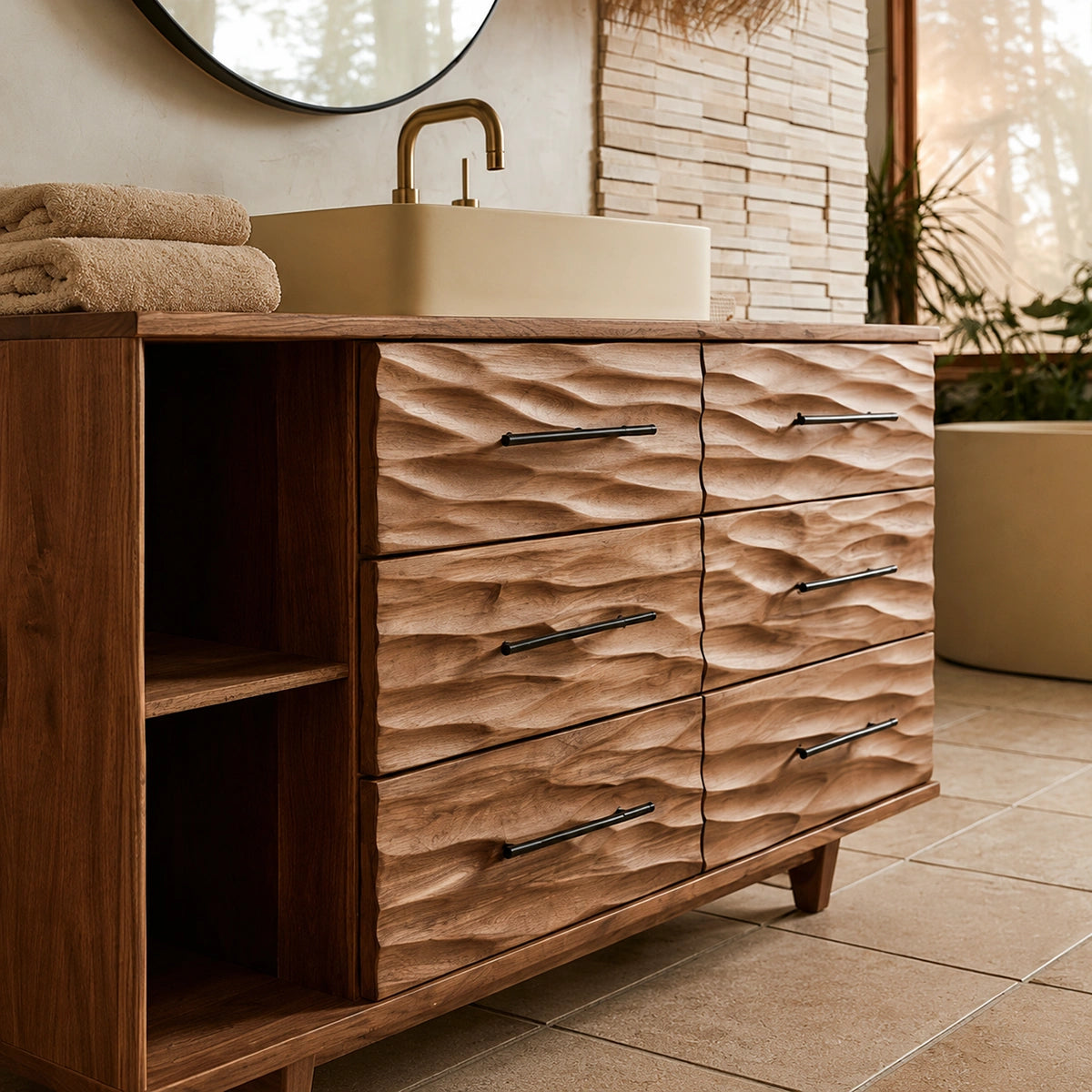 Natural Solid Wood Bathroom Vanity with 6 Drawers and Side Open Shelves - Livewoodcraft - 5