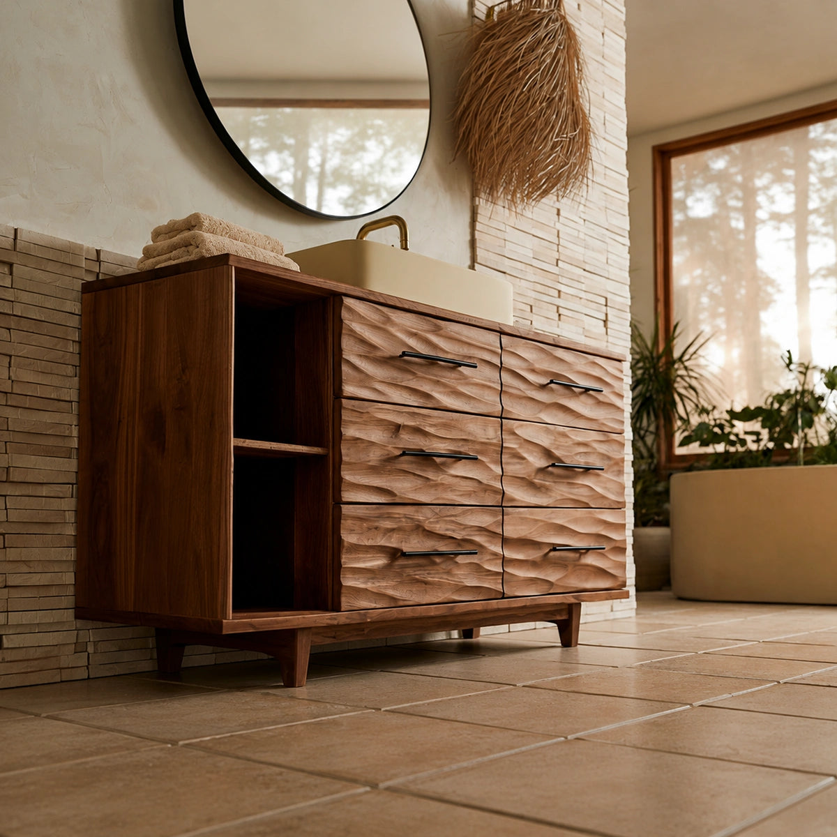 Natural Solid Wood Bathroom Vanity with 6 Drawers and Side Open Shelves - Livewoodcraft - 6