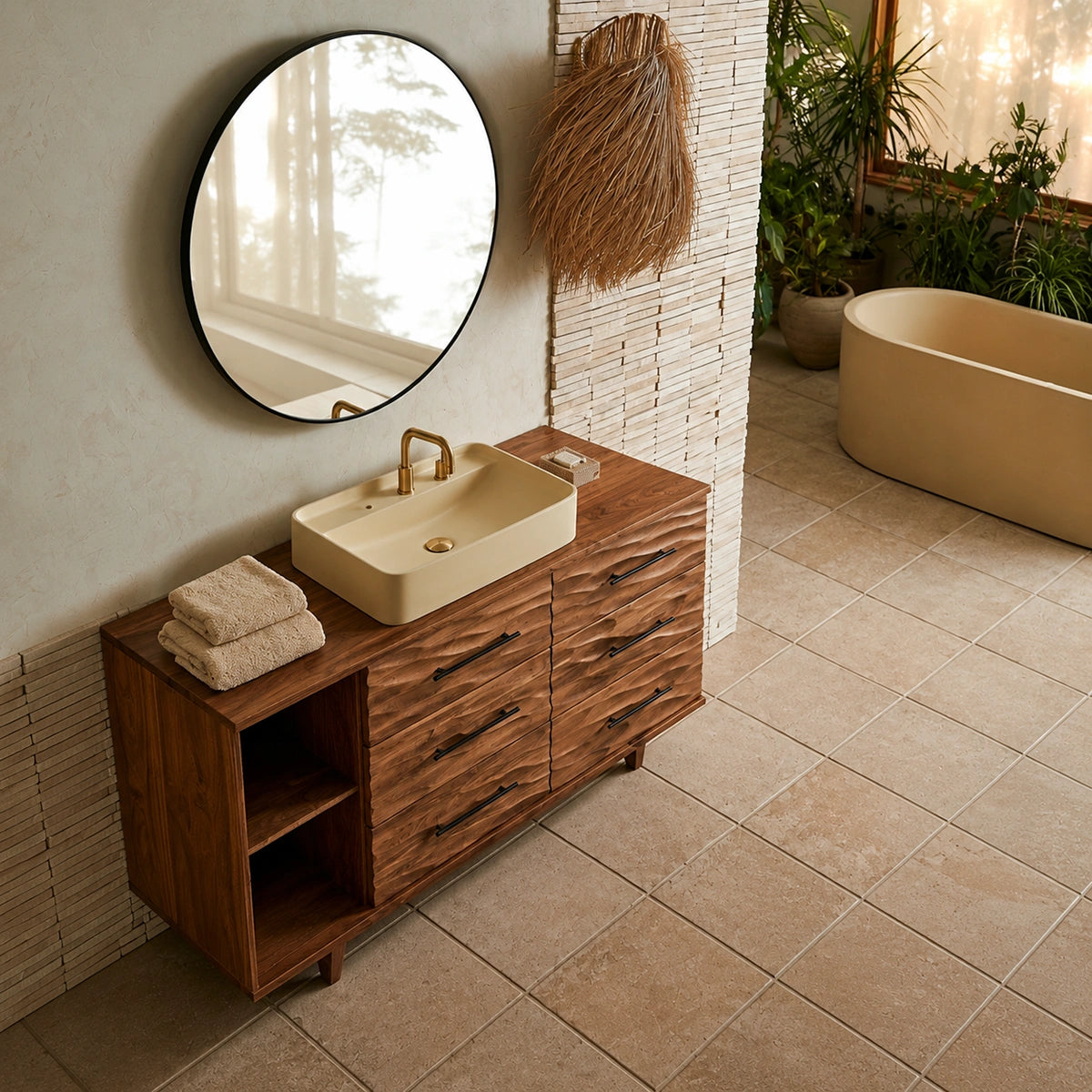 Natural Solid Wood Bathroom Vanity with 6 Drawers and Side Open Shelves - Livewoodcraft - 7