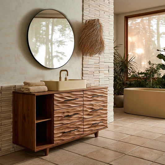 Natural Solid Wood Bathroom Vanity with 6 Drawers and Side Open Shelves - Livewoodcraft