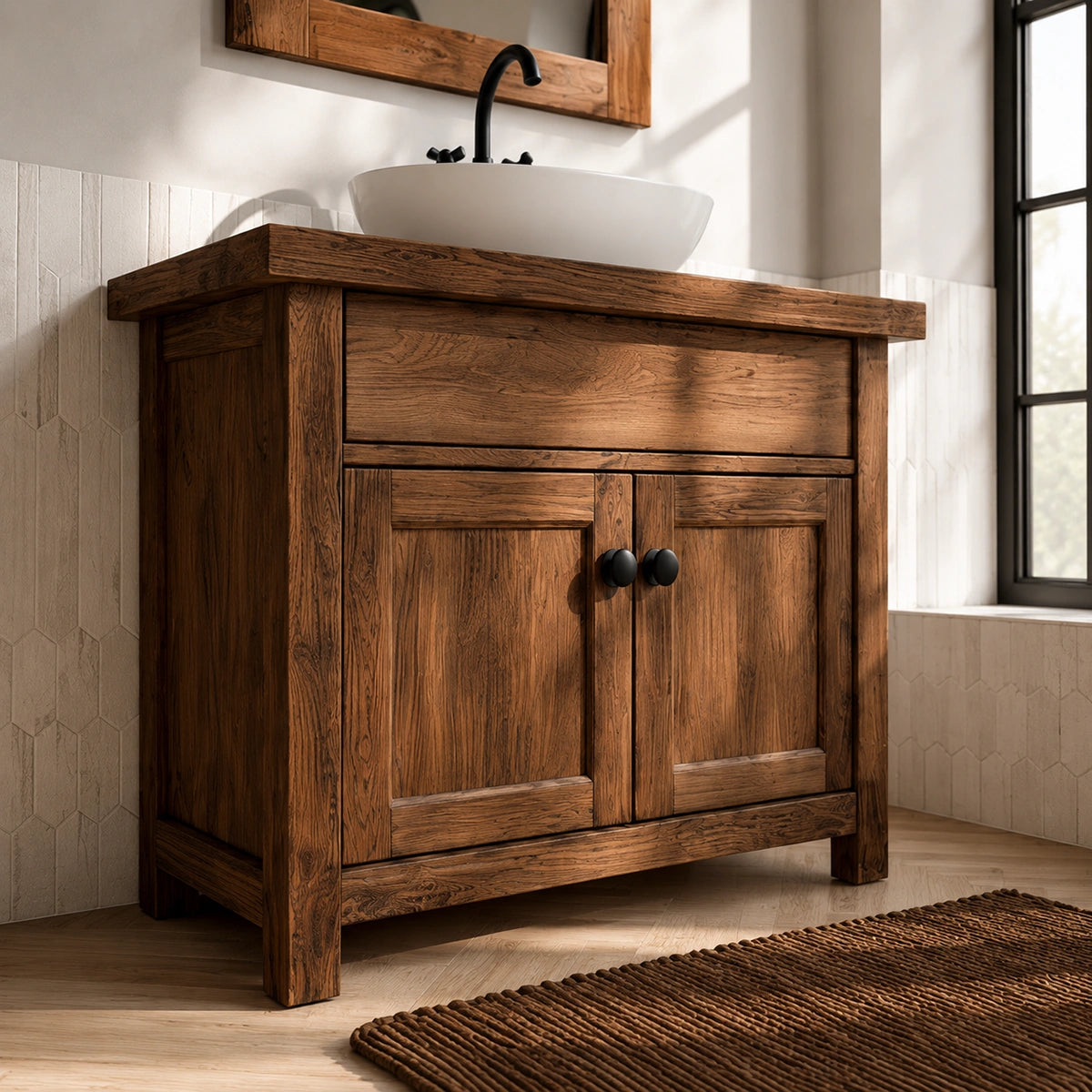 Natural Solid Wood Bathroom Vanity with Drawer and 2 Doors – Rustic Style - Livewoodcraft - 5