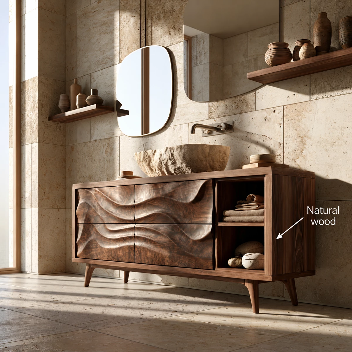 Natural Solid Wood Bathroom Vanity with Four Carved Drawers and Open Shelves - Livewoodcraft - 10