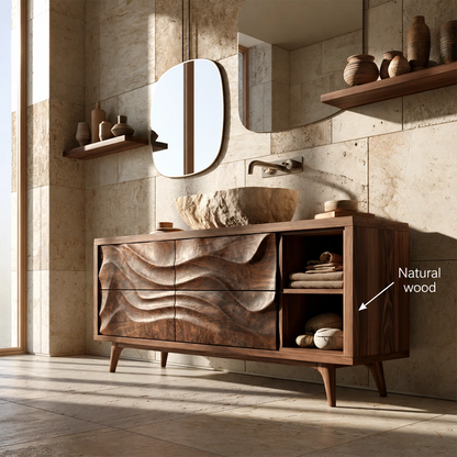 Natural Solid Wood Bathroom Vanity with Four Carved Drawers and Open Shelves - Livewoodcraft - 10