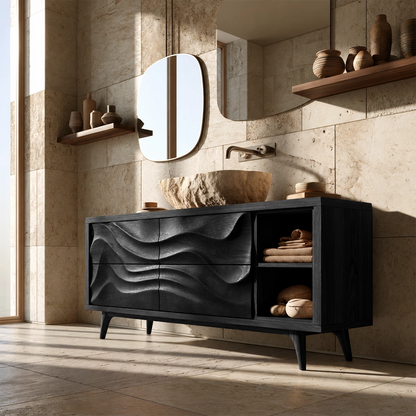 Natural Solid Wood Bathroom Vanity with Four Carved Drawers and Open Shelves - Livewoodcraft - 2