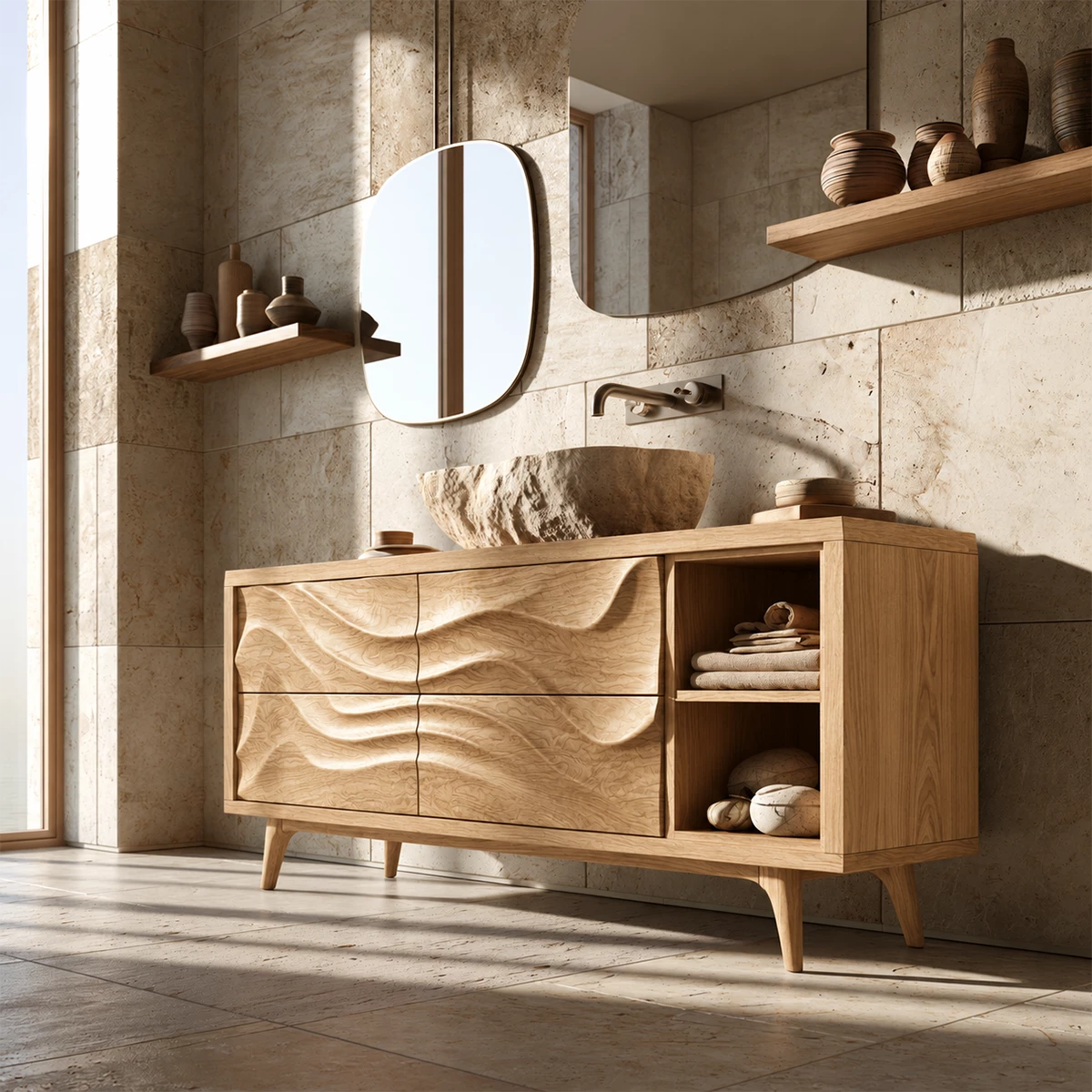 Natural Solid Wood Bathroom Vanity with Four Carved Drawers and Open Shelves - Livewoodcraft - 3