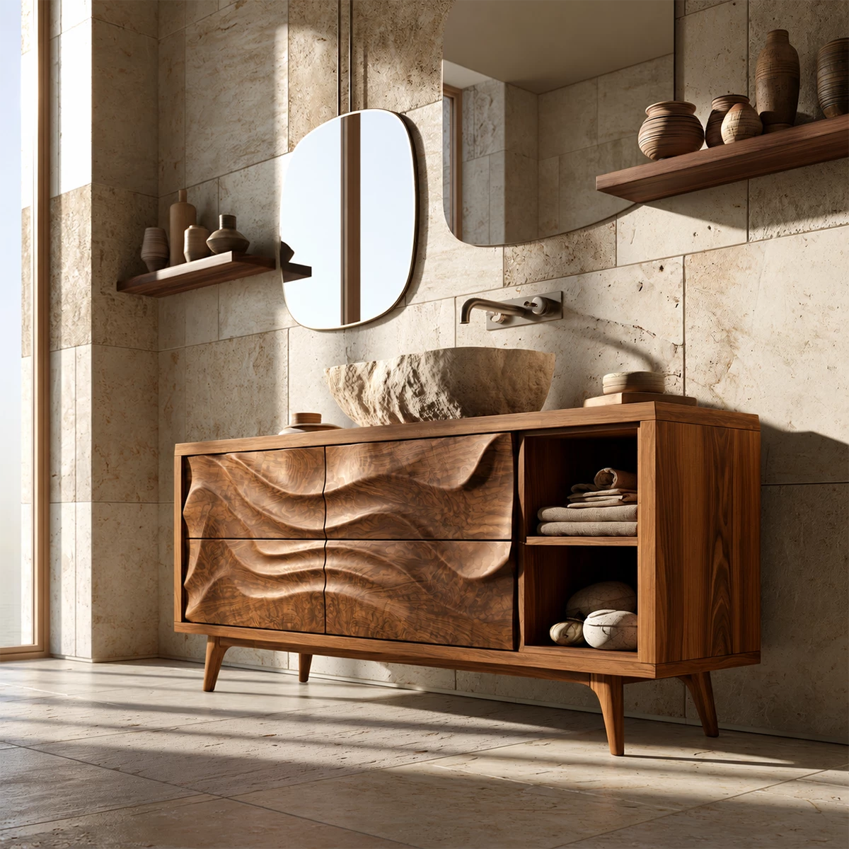 Natural Solid Wood Bathroom Vanity with Four Carved Drawers and Open Shelves - Livewoodcraft - 4