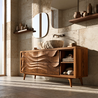 Natural Solid Wood Bathroom Vanity with Four Carved Drawers and Open Shelves - Livewoodcraft - 4