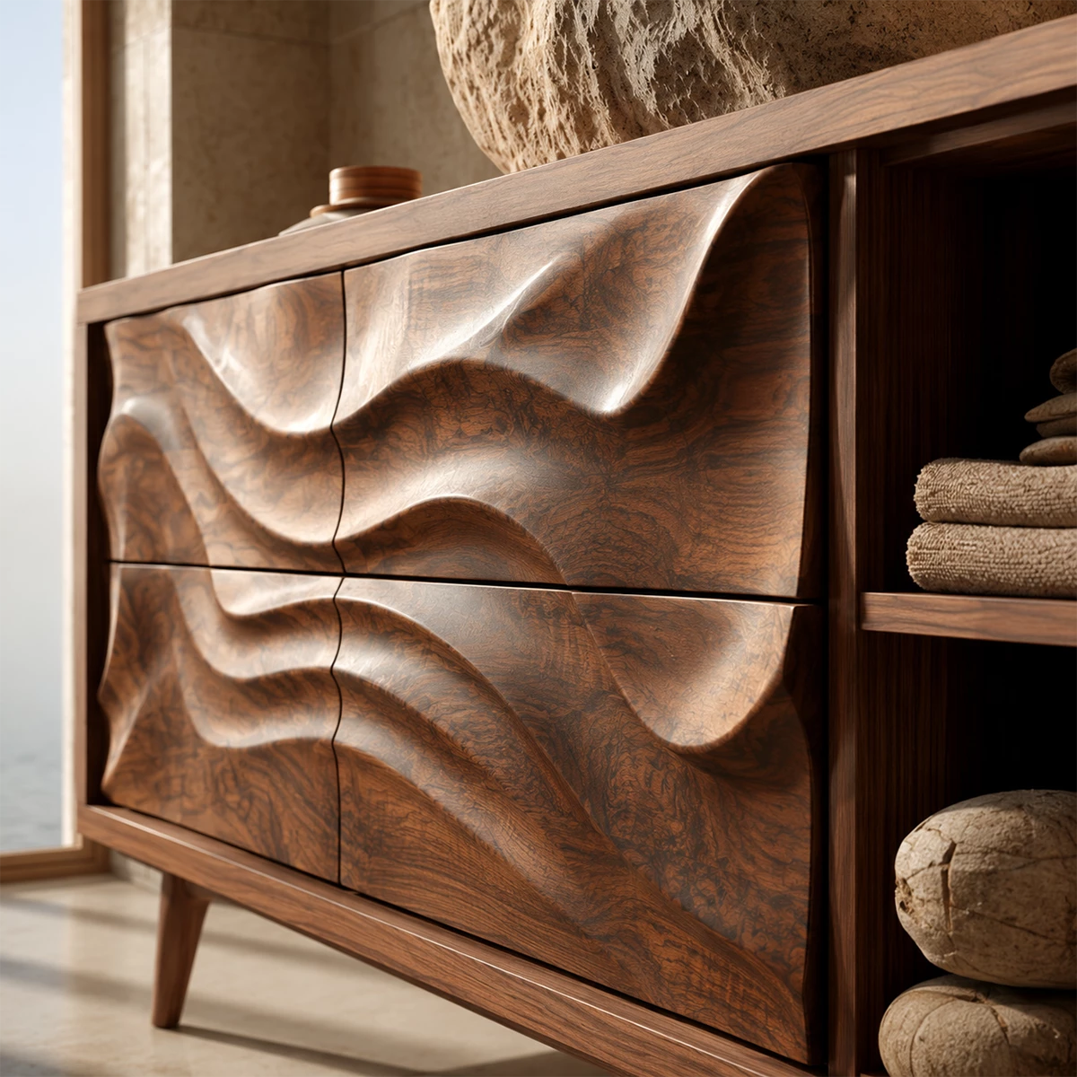 Natural Solid Wood Bathroom Vanity with Four Carved Drawers and Open Shelves - Livewoodcraft - 5