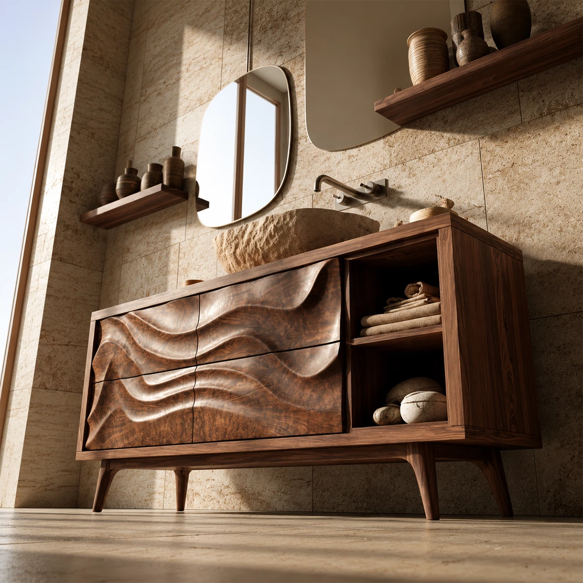 Natural Solid Wood Bathroom Vanity with Four Carved Drawers and Open Shelves - Livewoodcraft - 6