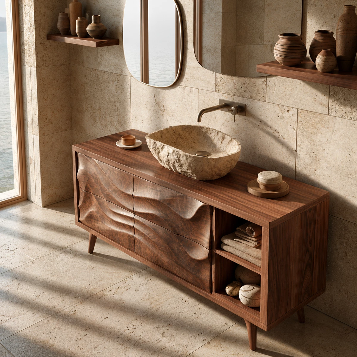 Natural Solid Wood Bathroom Vanity with Four Carved Drawers and Open Shelves - Livewoodcraft - 7