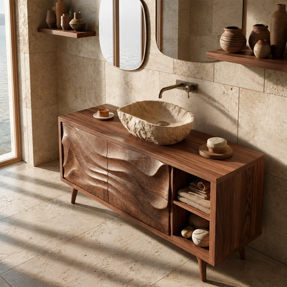 Natural Solid Wood Bathroom Vanity with Four Carved Drawers and Open Shelves - Livewoodcraft - 7