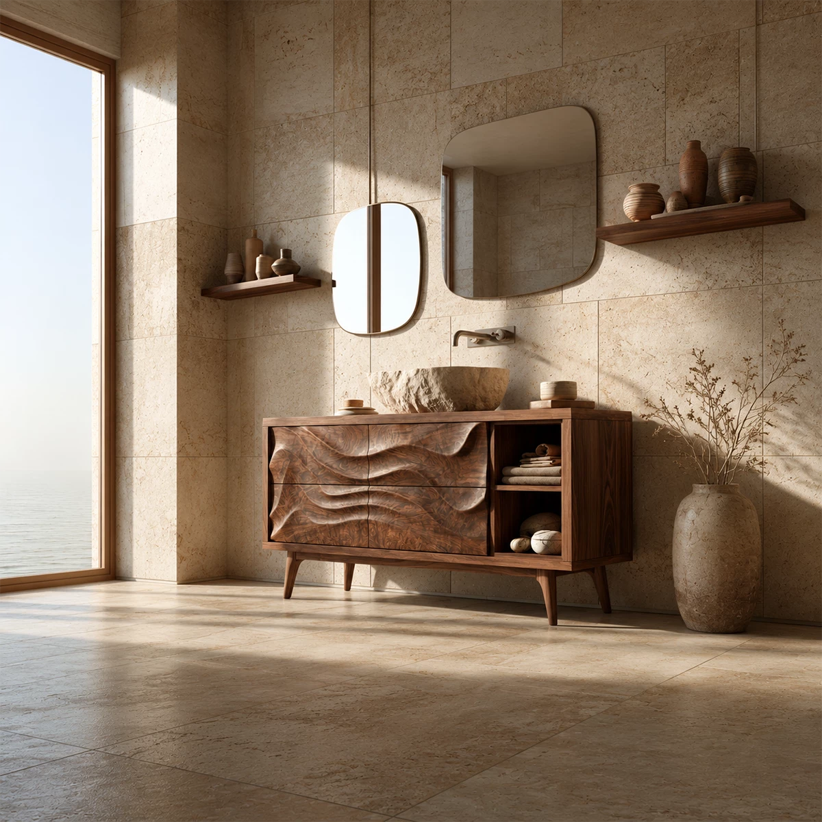 Natural Solid Wood Bathroom Vanity with Four Carved Drawers and Open Shelves - Livewoodcraft - 8