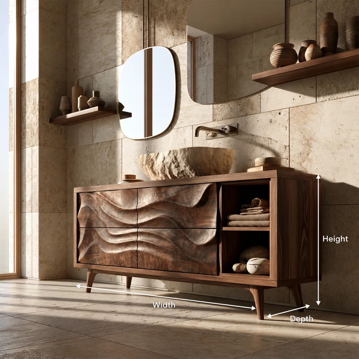 Natural Solid Wood Bathroom Vanity with Four Carved Drawers and Open Shelves - Livewoodcraft - 9