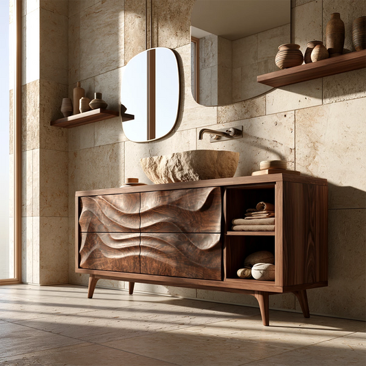 Natural Solid Wood Bathroom Vanity with Four Carved Drawers and Open Shelves - Livewoodcraft