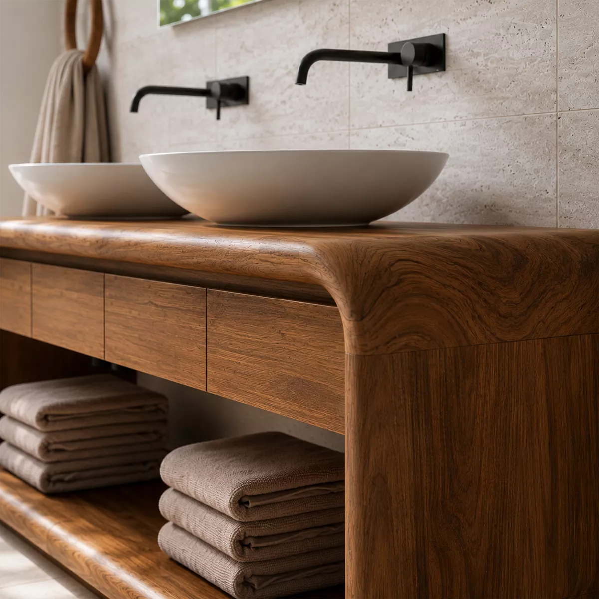 Natural Solid Wood Bathroom Vanity with Four Drawers and Open Shelves Traditional - Livewoodcraft - 1