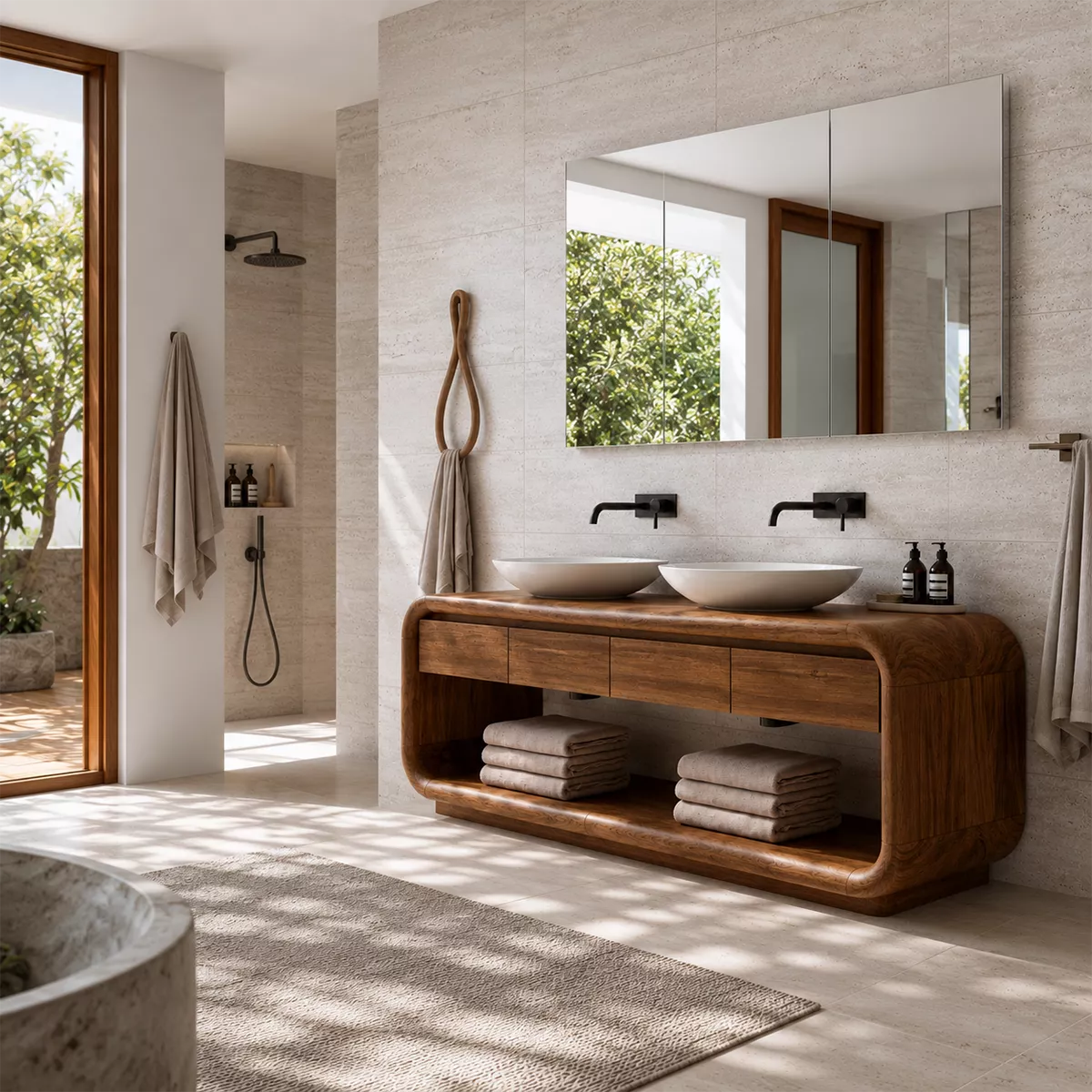 Natural Solid Wood Bathroom Vanity with Four Drawers and Open Shelves Traditional - Livewoodcraft - 2