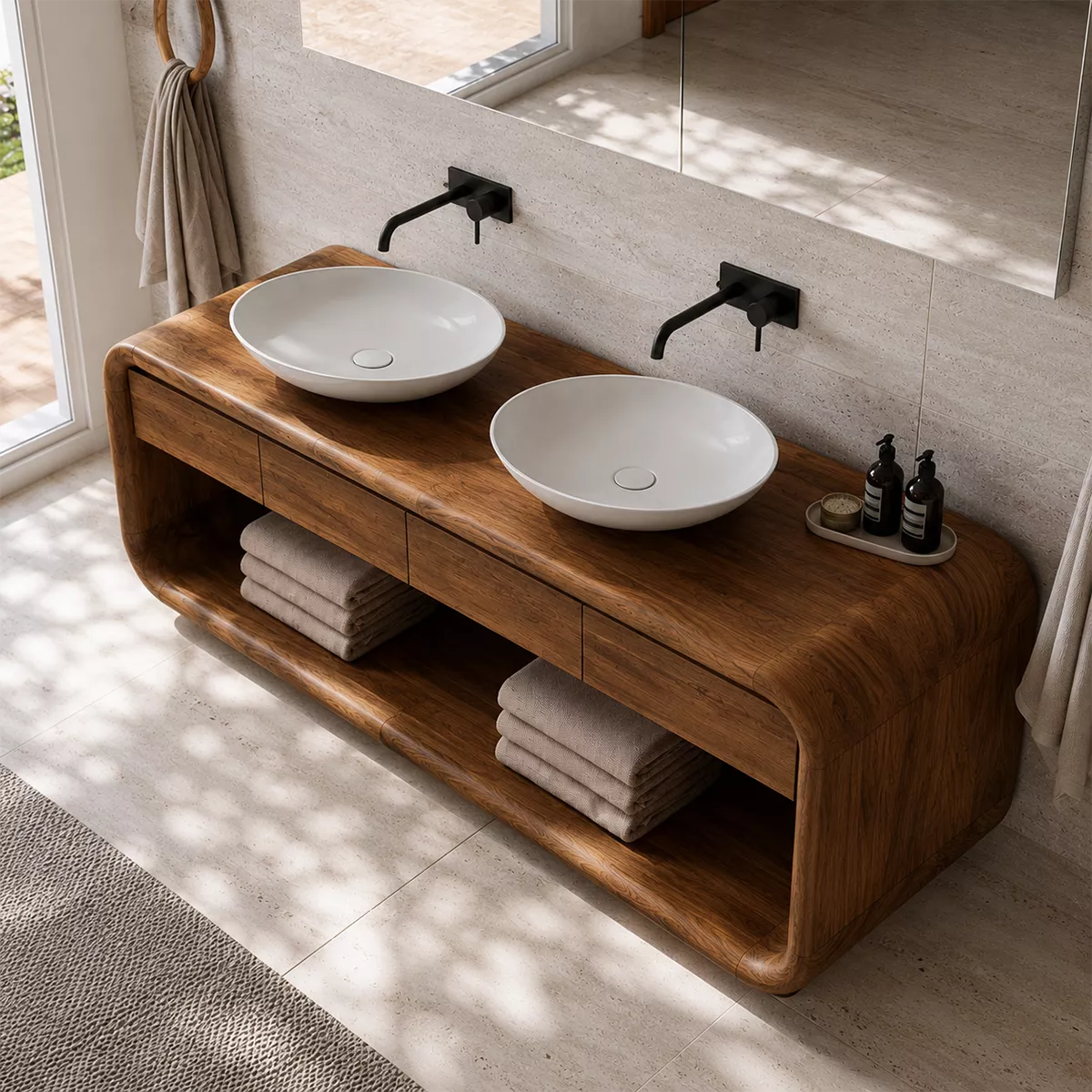 Natural Solid Wood Bathroom Vanity with Four Drawers and Open Shelves Traditional - Livewoodcraft - 3