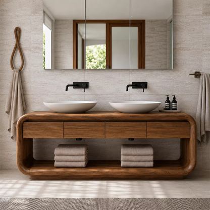 Natural Solid Wood Bathroom Vanity with Four Drawers and Open Shelves Traditional - Livewoodcraft - 4