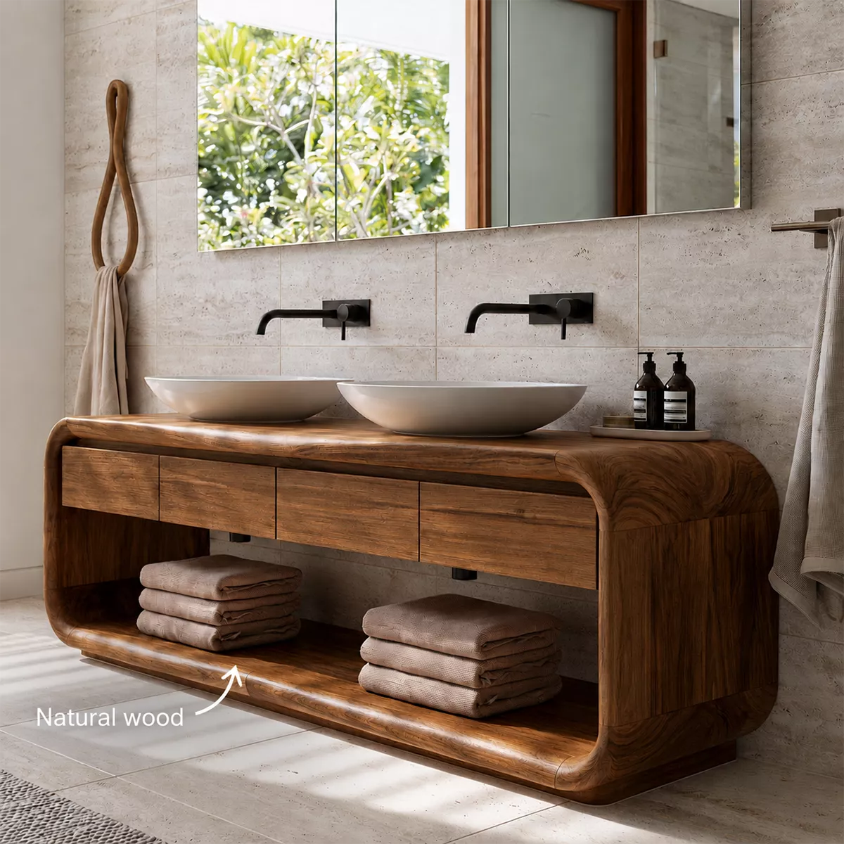 Natural Solid Wood Bathroom Vanity with Four Drawers and Open Shelves Traditional - Livewoodcraft - 5