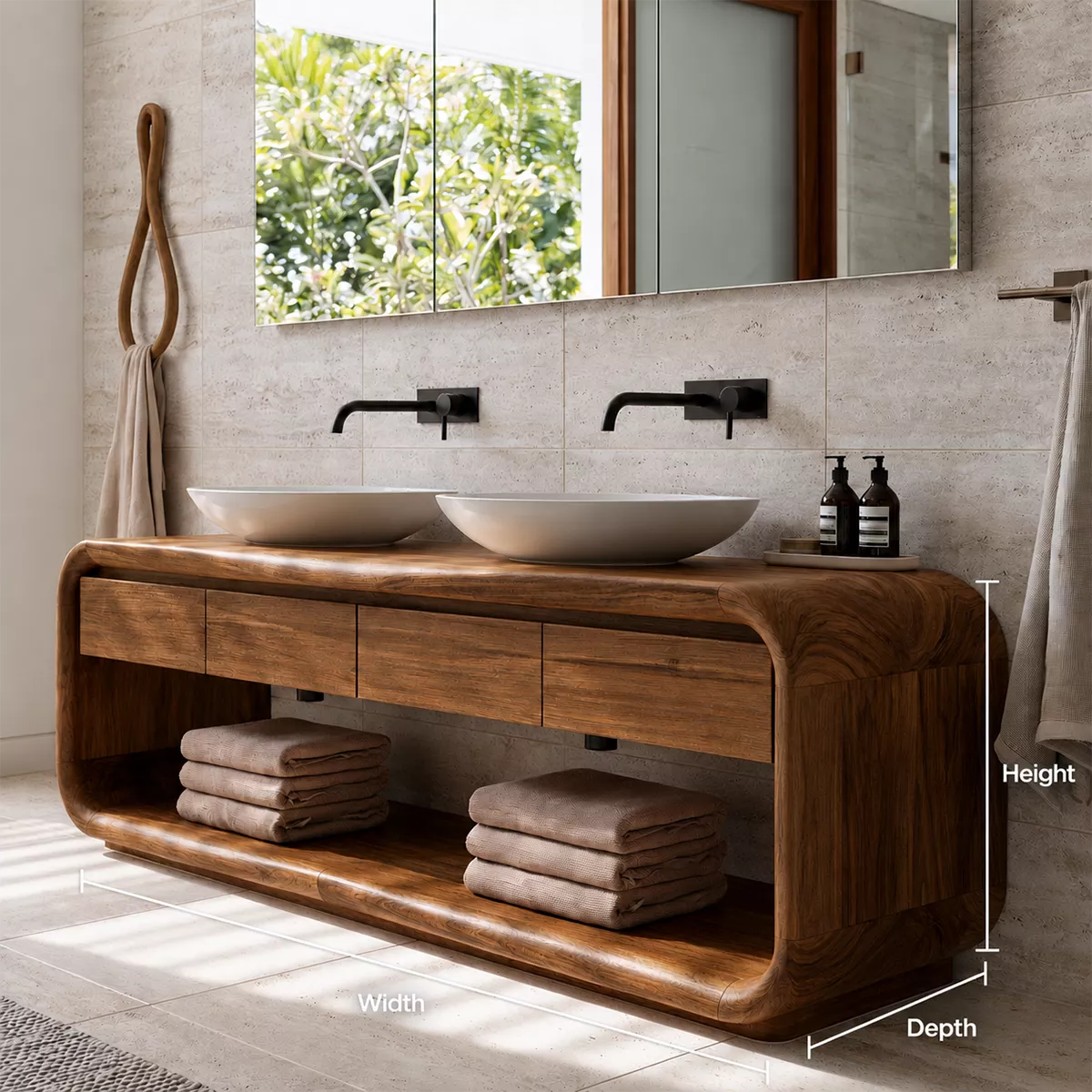 Natural Solid Wood Bathroom Vanity with Four Drawers and Open Shelves Traditional - Livewoodcraft - 6