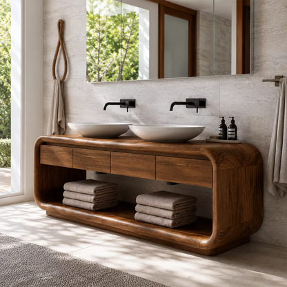 Natural Solid Wood Bathroom Vanity with Four Drawers and Open Shelves Traditional - Livewoodcraft - 7