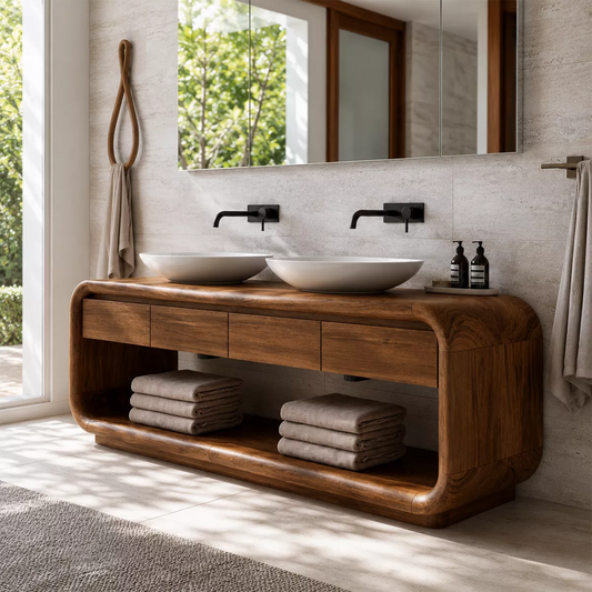 Natural Solid Wood Bathroom Vanity with Four Drawers and Open Shelves Traditional - Livewoodcraft