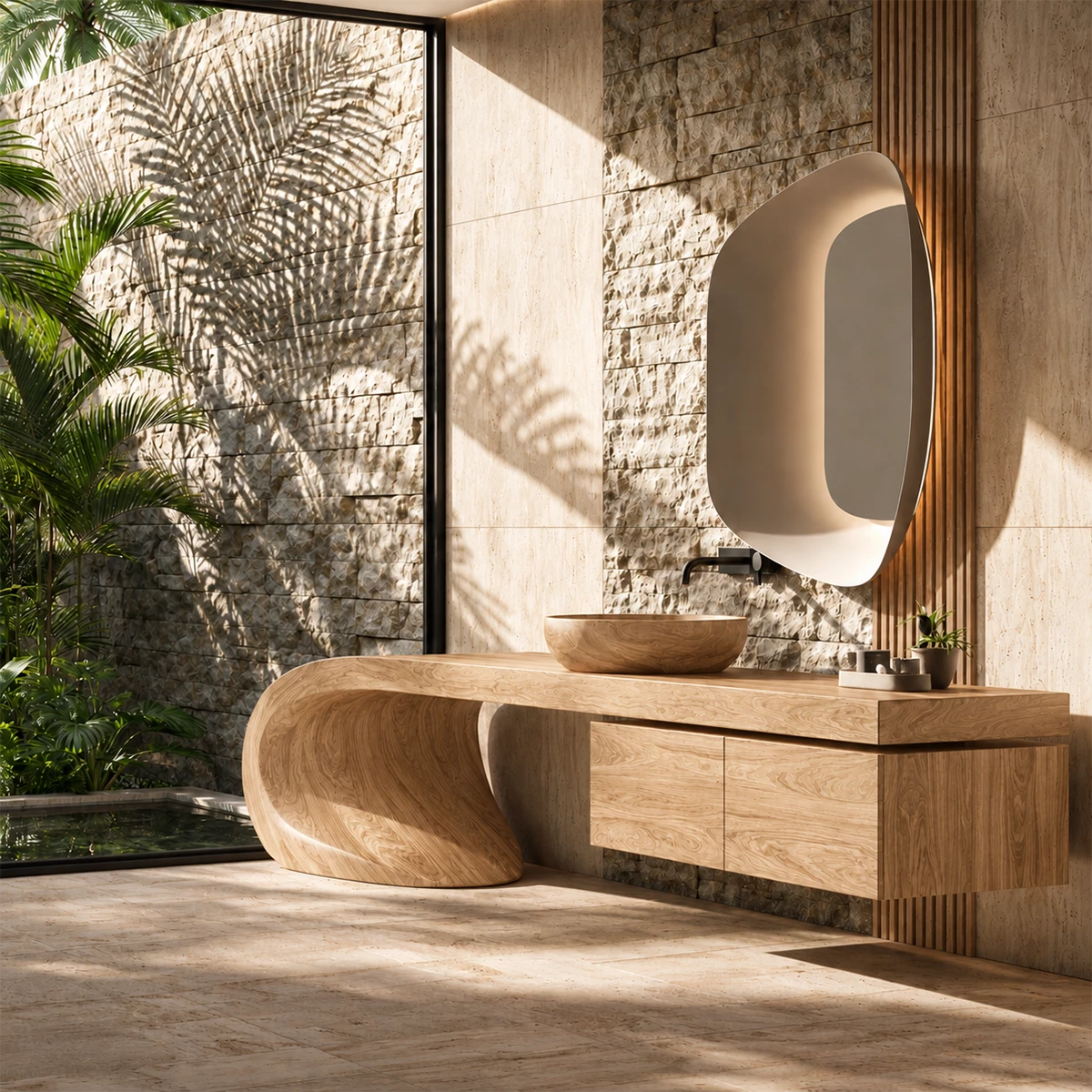 Natural Solid Wood Bathroom Vanity with Four Drawers and Sculptural Loop Base - Livewoodcraft - 3