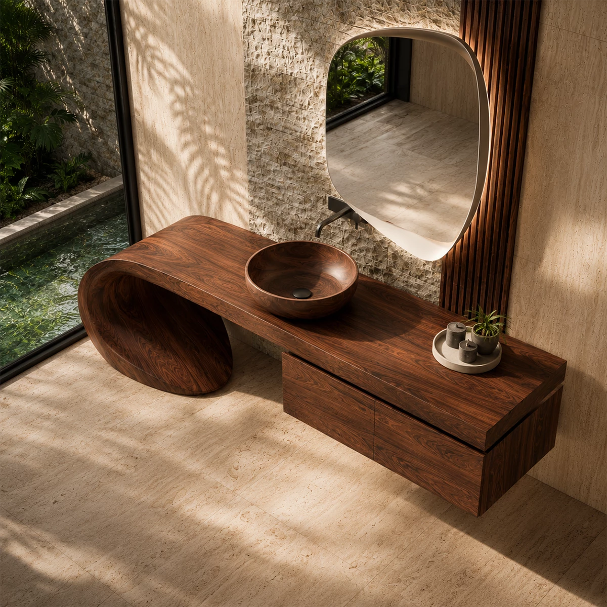 Natural Solid Wood Bathroom Vanity with Four Drawers and Sculptural Loop Base - Livewoodcraft - 6