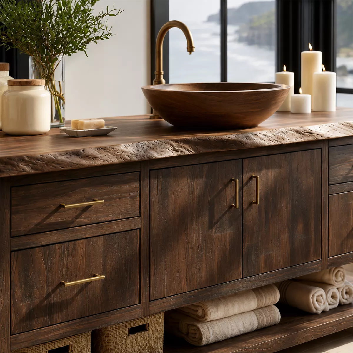 Natural Solid Wood Bathroom Vanity with Four Drawers Open Shelf Rustic - Livewoodcraft - 1
